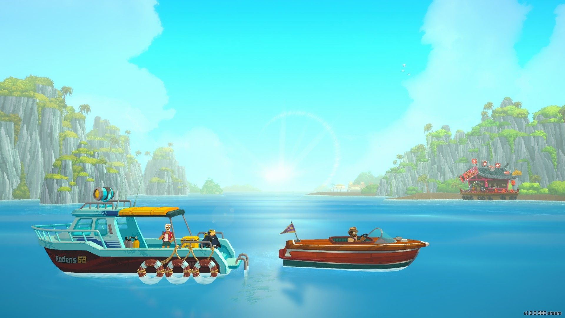 Dave the Diver on board the boat with Cobra with Dr Bacon on another boat beside theirs.