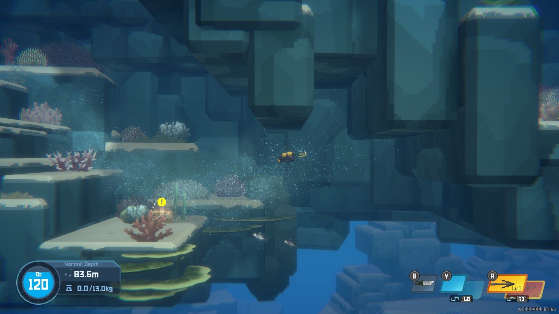 Dave the Diver swiming towards an item in an underwater current.