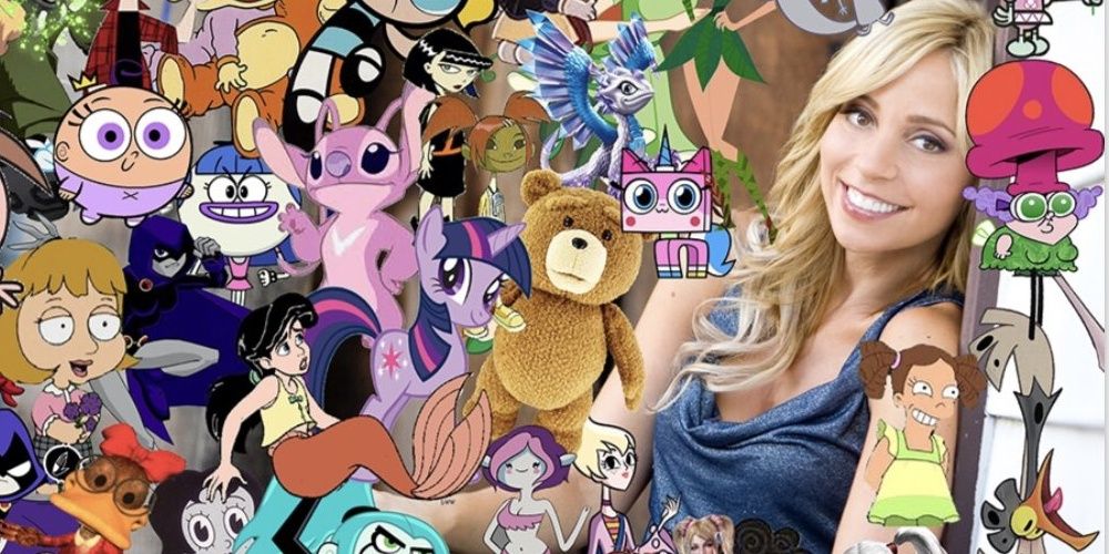 Tara Strong surrounded by characters