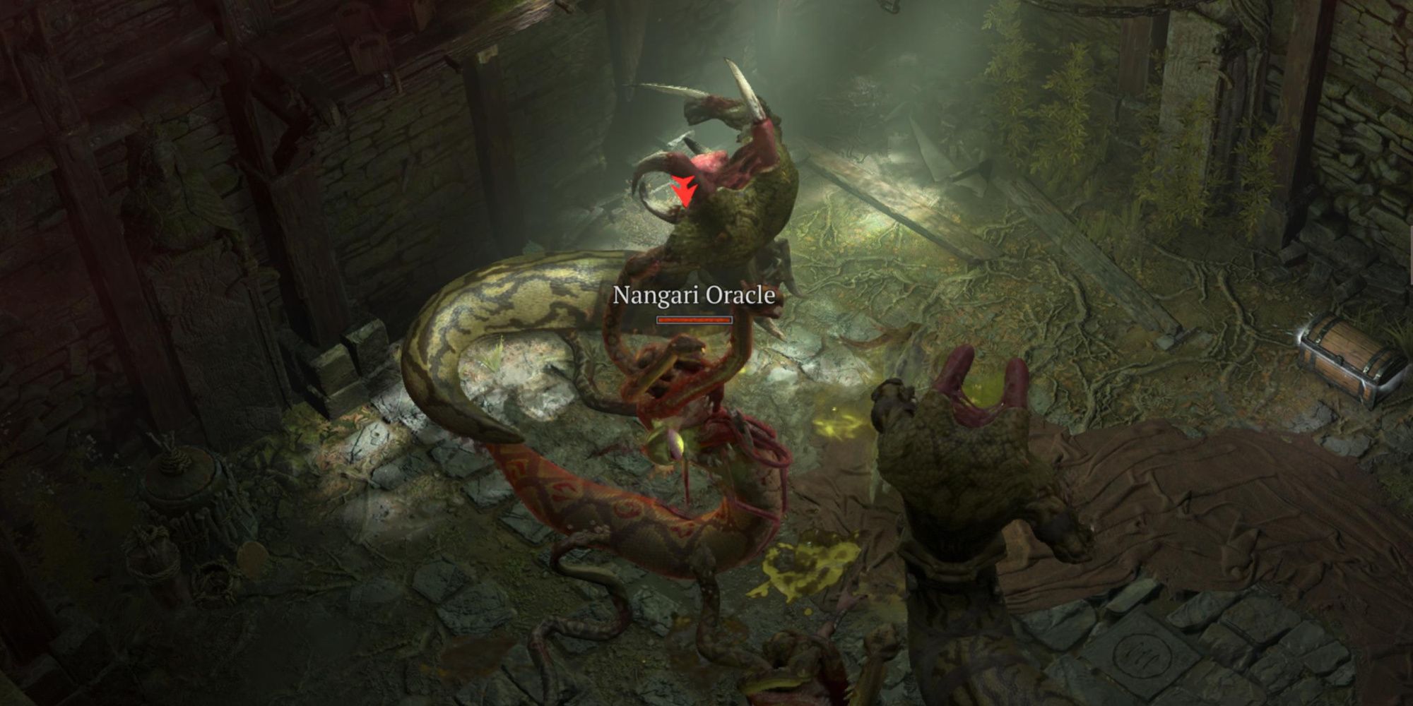 diablo 4 druid facing off against a nangari oracle and nangari fighters in the witchwater dungeon