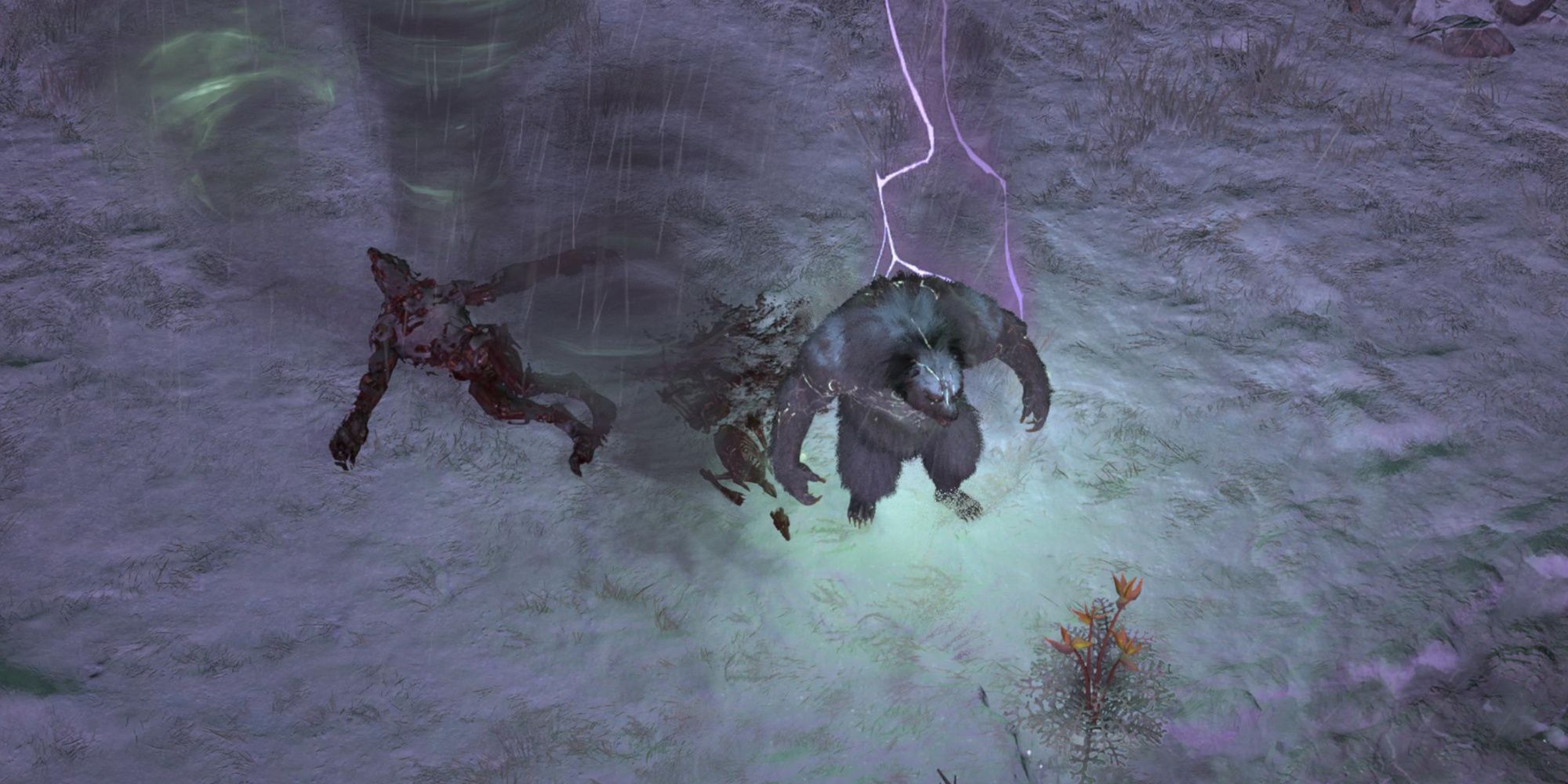 diablo 4 druid werebear grizzly rampage with lightnign striking and tornados surrounding the player