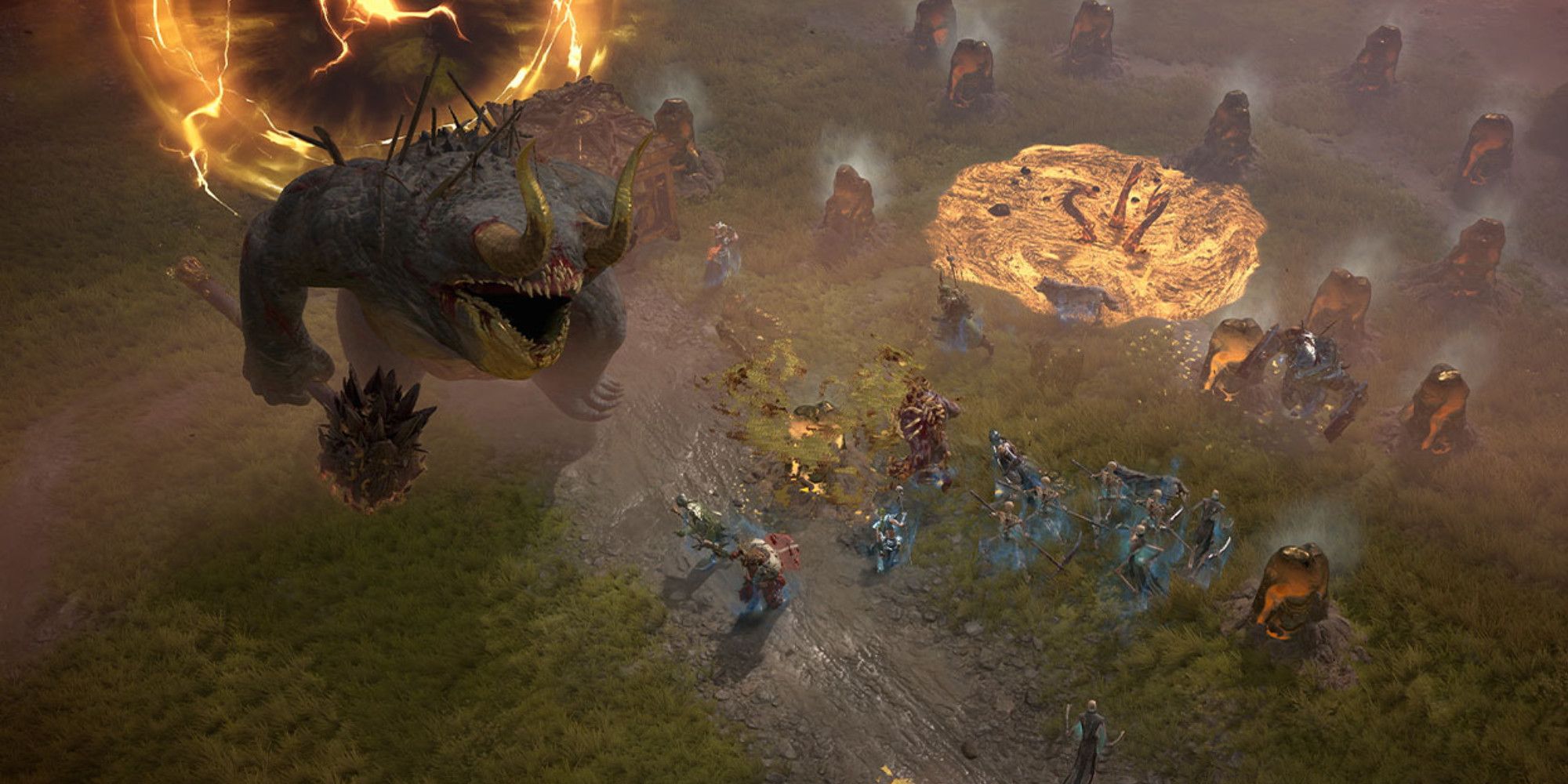 Diablo 4 players fighting a big monster