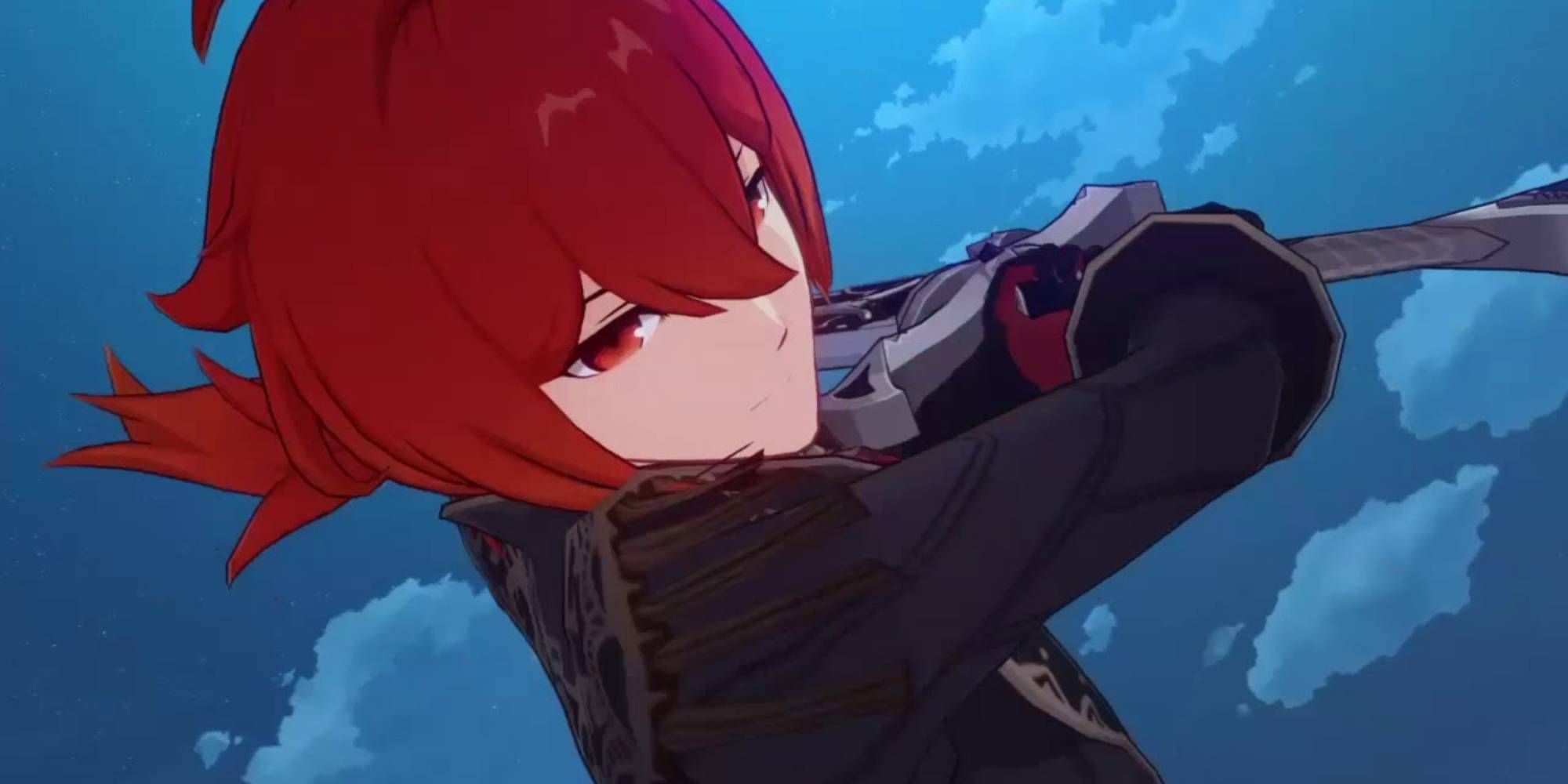 A close-up of Diluc swinging his weapon in Genshin Impact