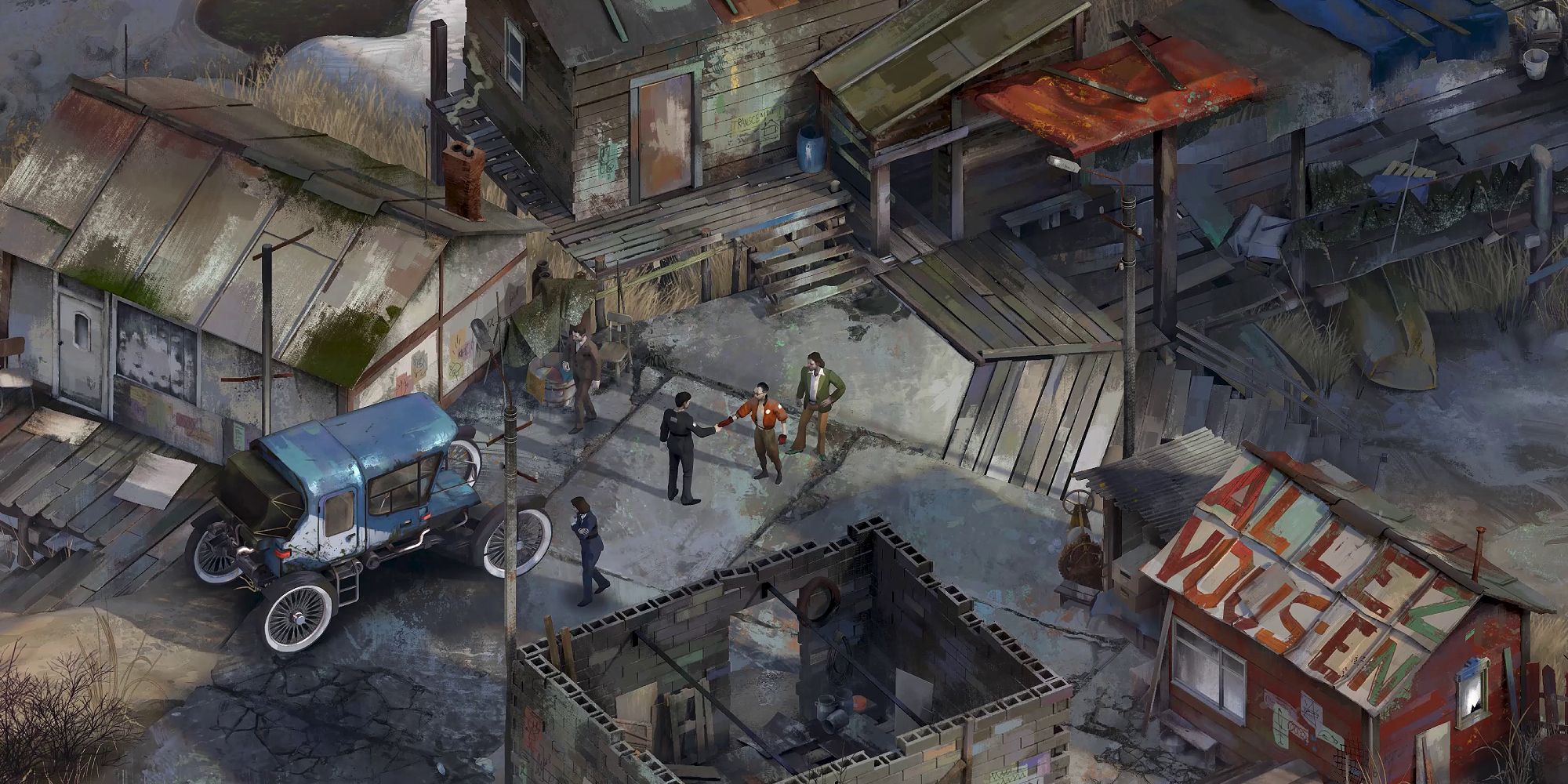 An isometric view of figures shaking hands in a small dock town