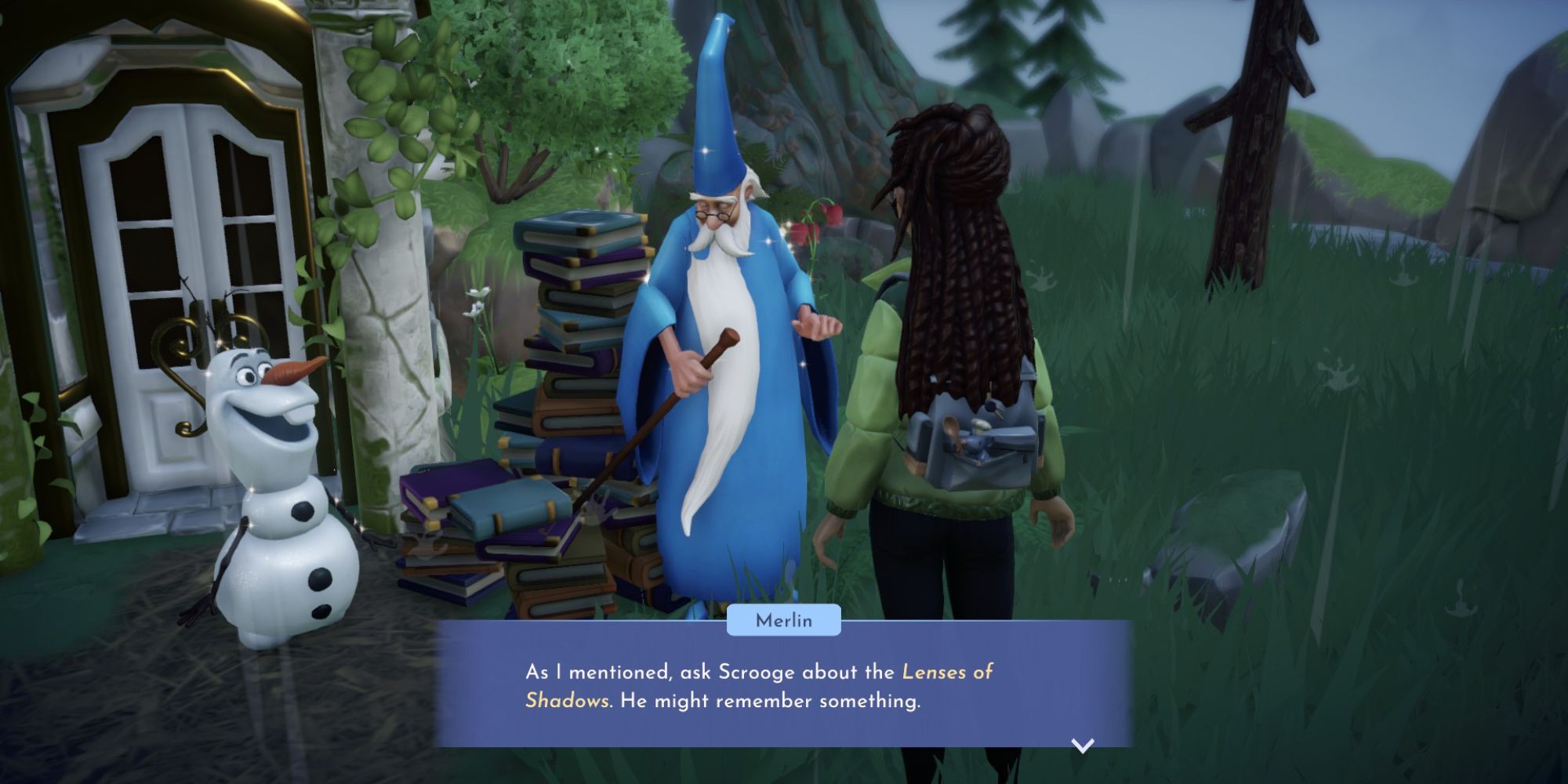 disney dreamlight valley olaf and merlin talk about lense of shadows