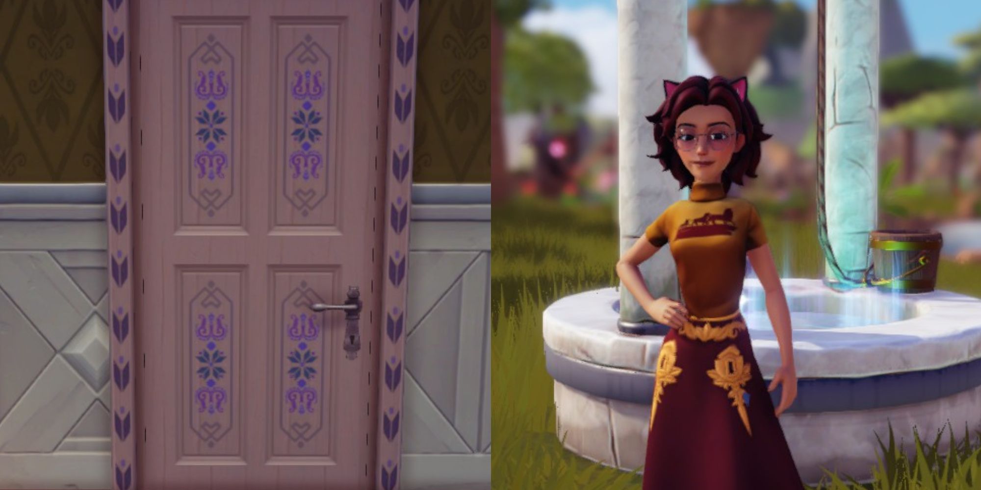 disney dreamlight valley pastel door and player posing near well
