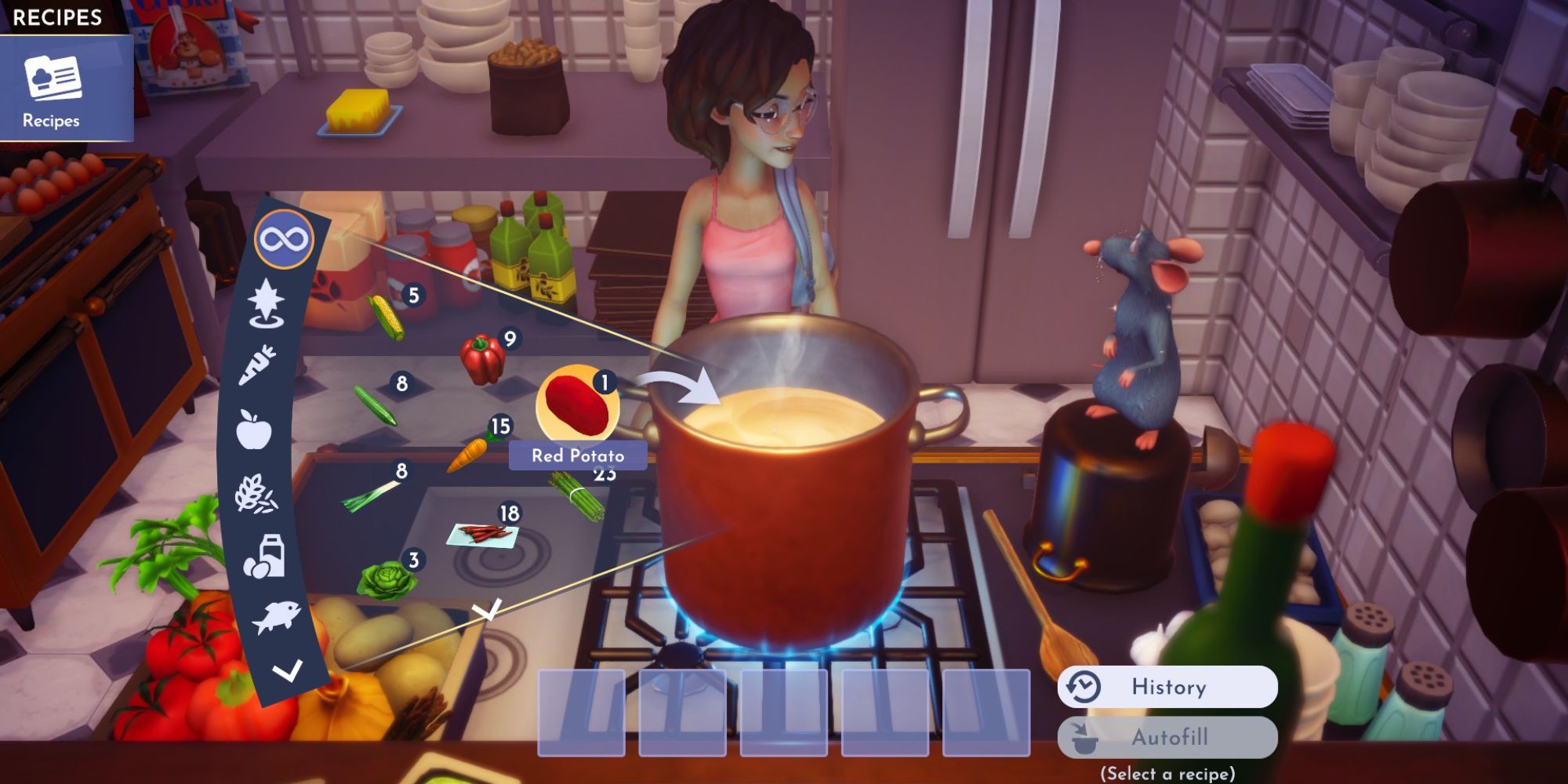 disney dreamlight valley player cooking with red potato with remy in restaurant