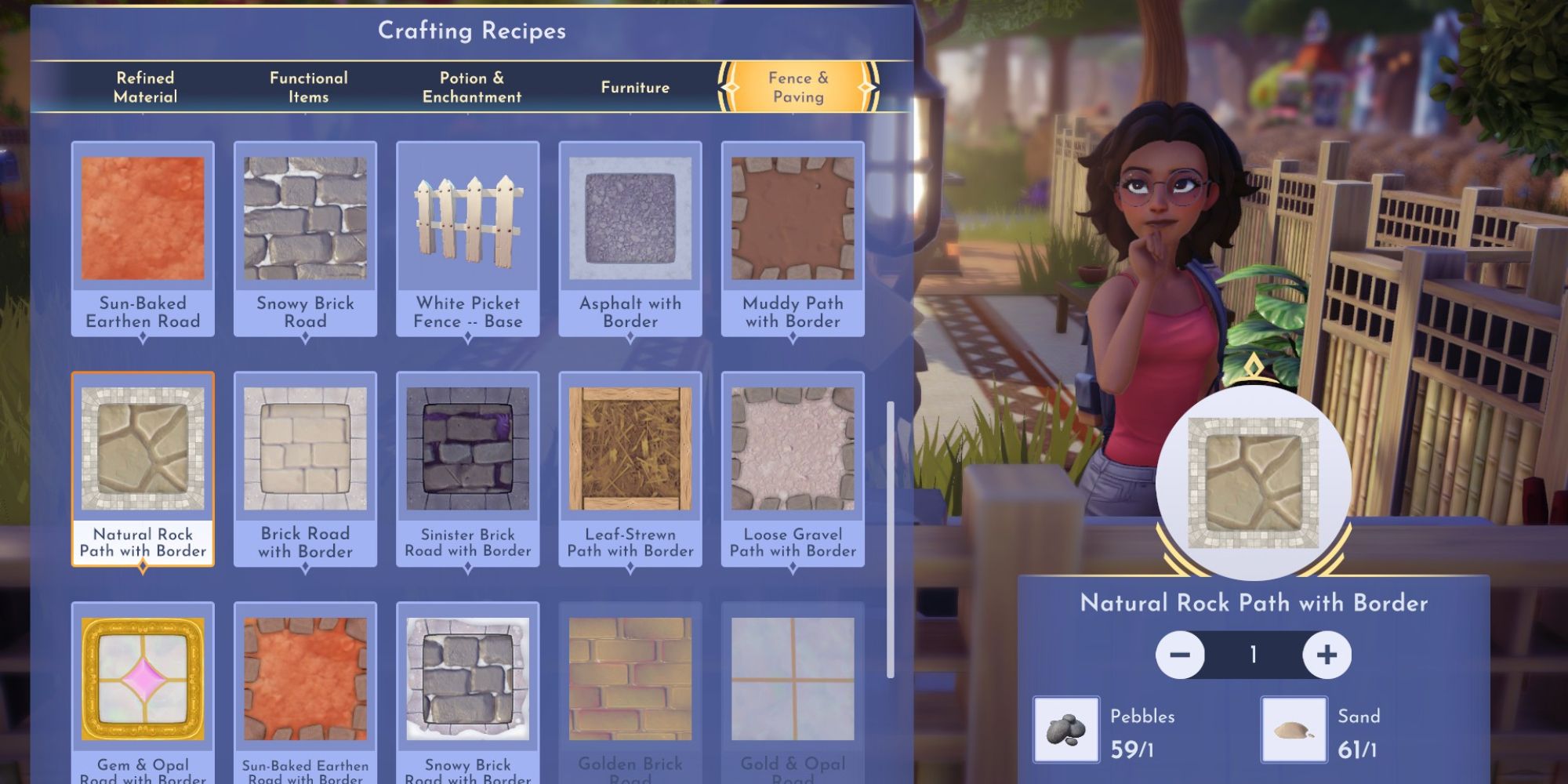 disney dreamlight valley player in crafting station selecting rock path with border