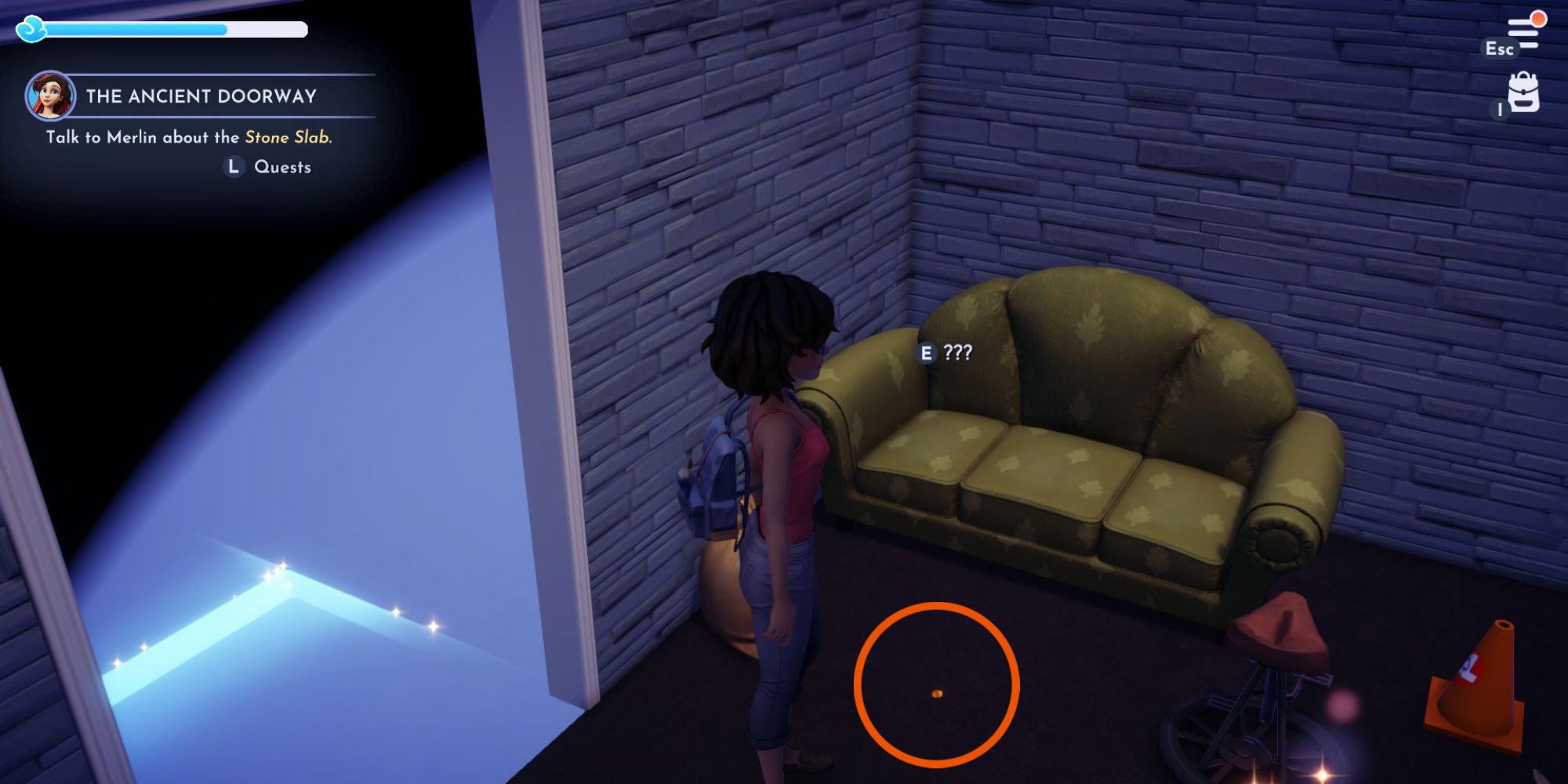 disney dreamlight valley player next to orange pebble in secret room