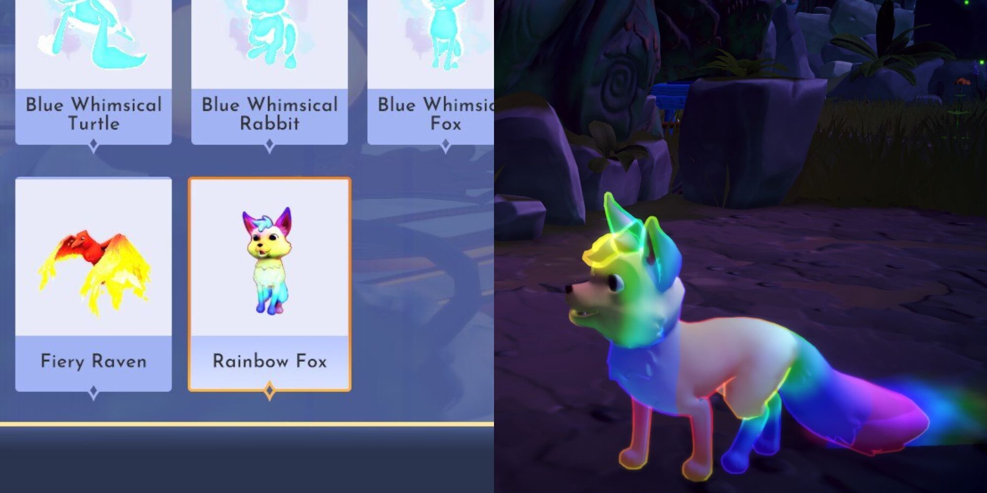 disney dreamlight valley rainbow fox companion selection screen and rainbow fox on ground