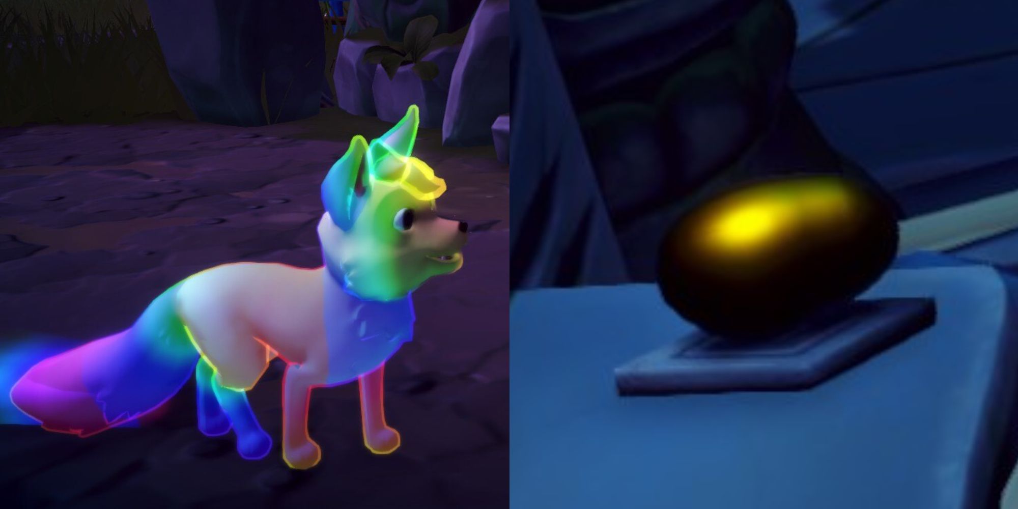 disney dreamlight valley rainbow fox sparkling and golden potato on stone slab