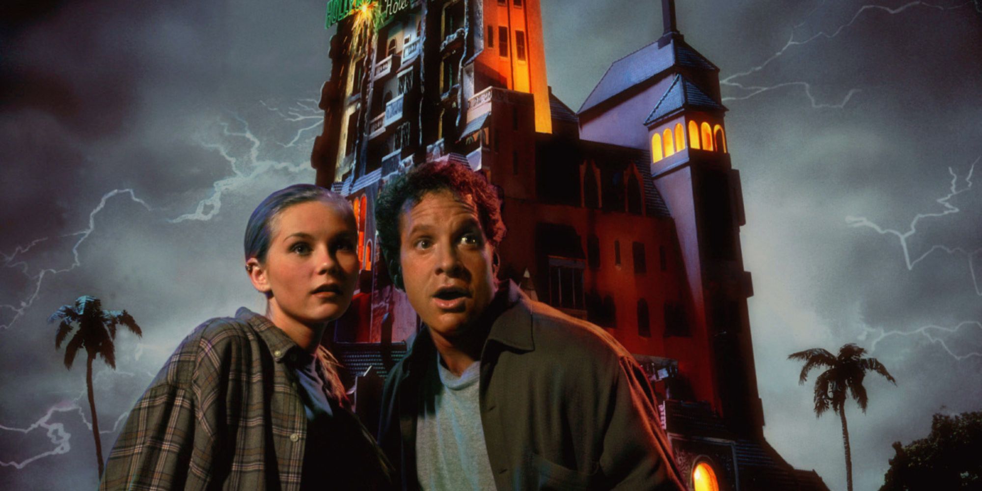 Tower of Terror characters in front of a hotel with lightning