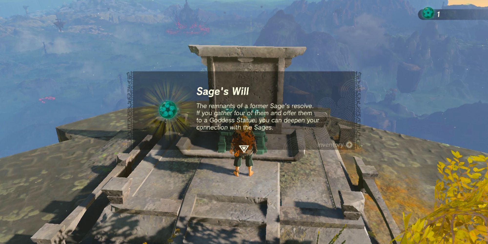 Link opens a chest to get a Sage's Will on Dragonhead Island.