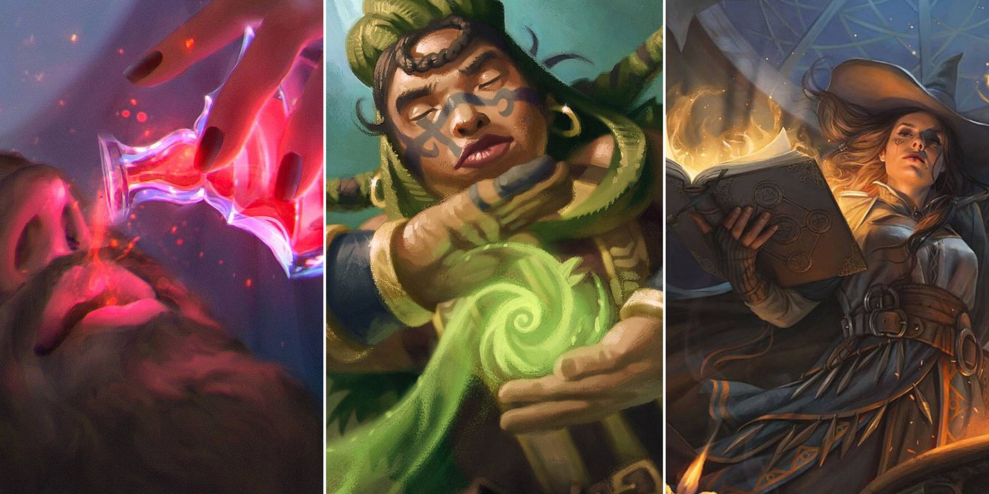 A collage of images showing a man being fed a healing potion, a druid and a wizard reading a magic book