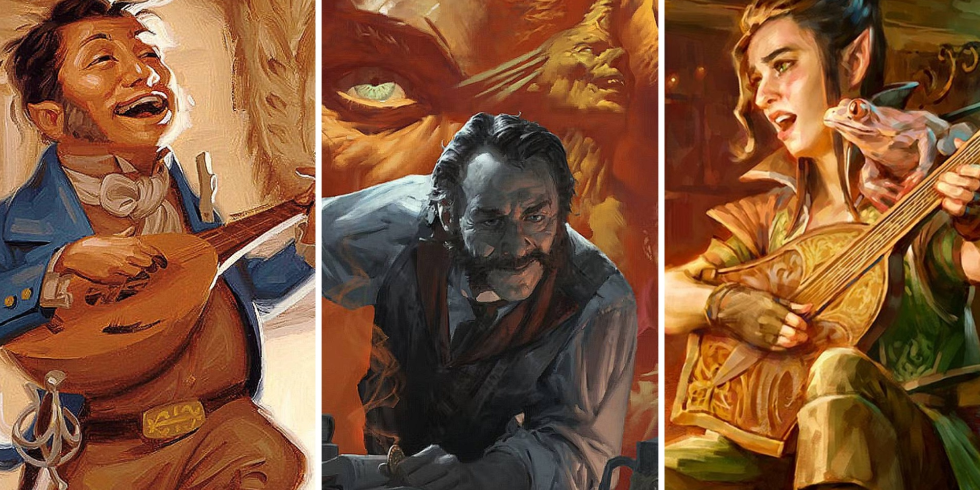 A collage of images featuring a bard singing, a man looming over a desk and another bard by a fireplace