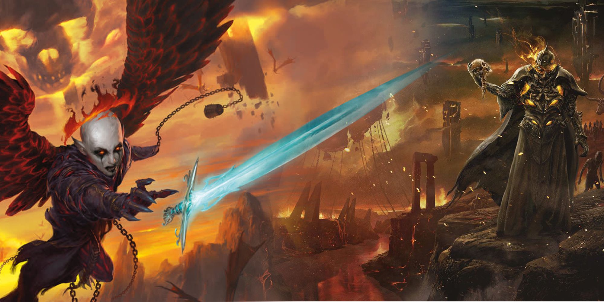 Split image of the arch devil Zariel flying and a humanoid holding a skull