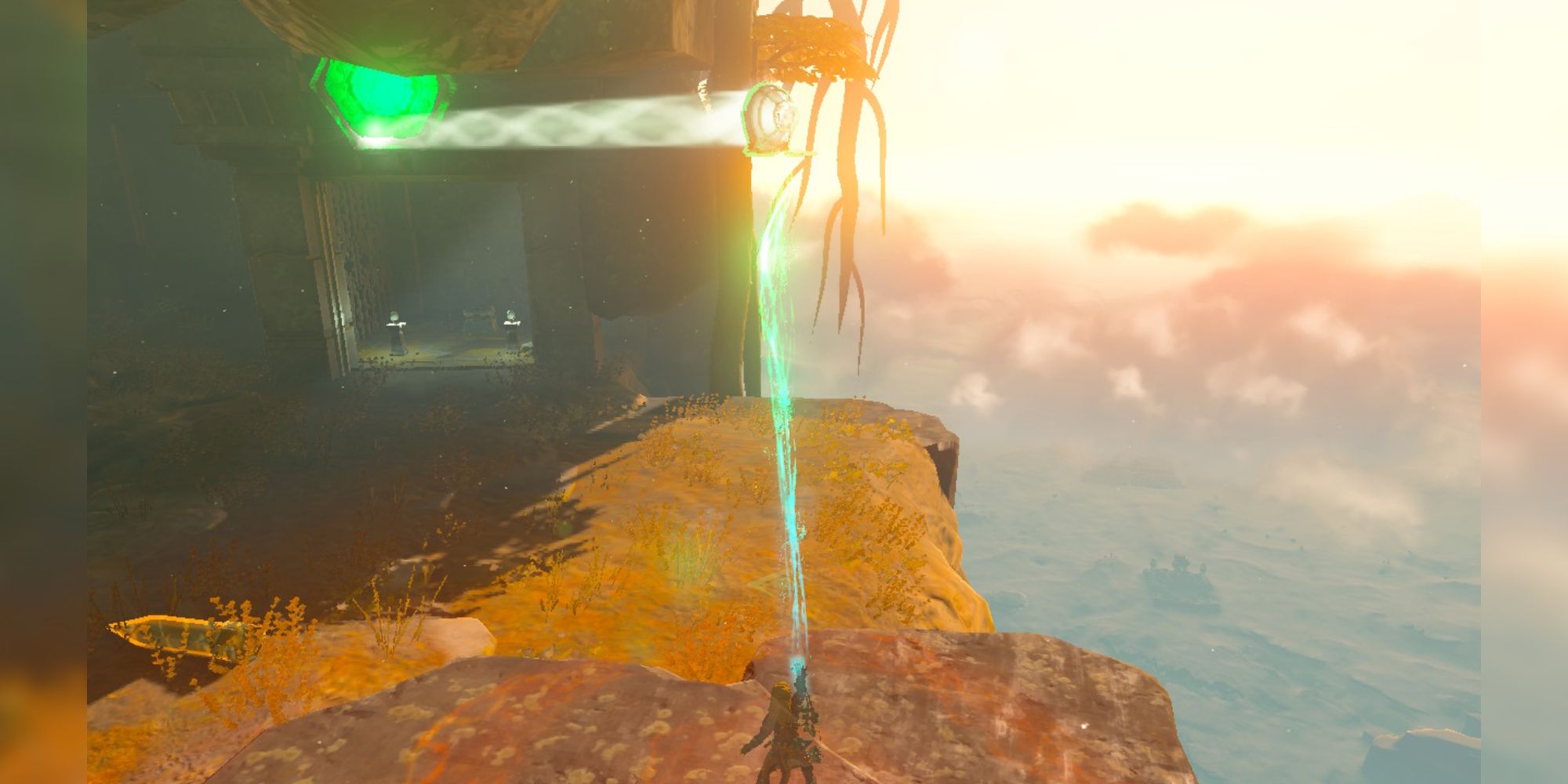 Link uses a mirror to reflect sunlight to reach a chest containing a Sage's Will.
