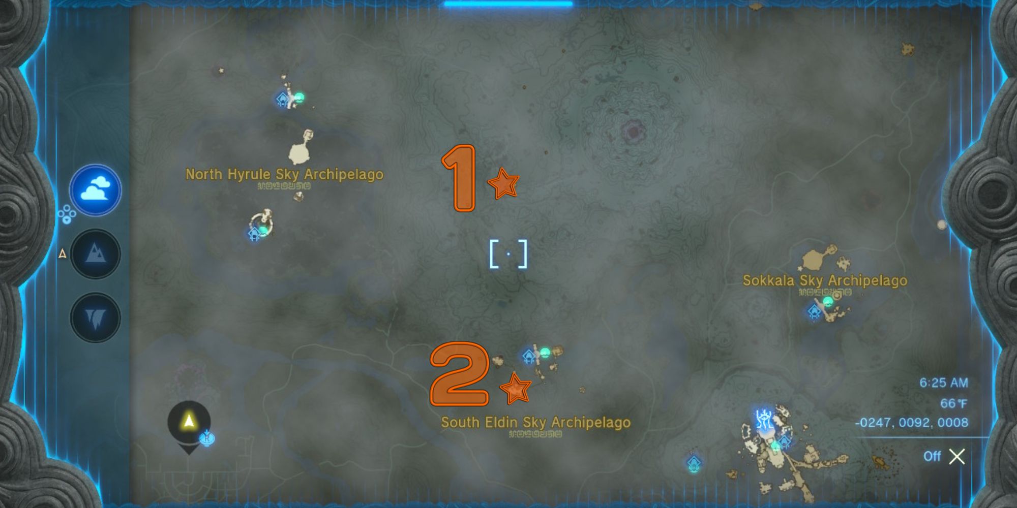 Map showing locations of Sage's Wills in Eldin Sky in Tears of the Kingdom.