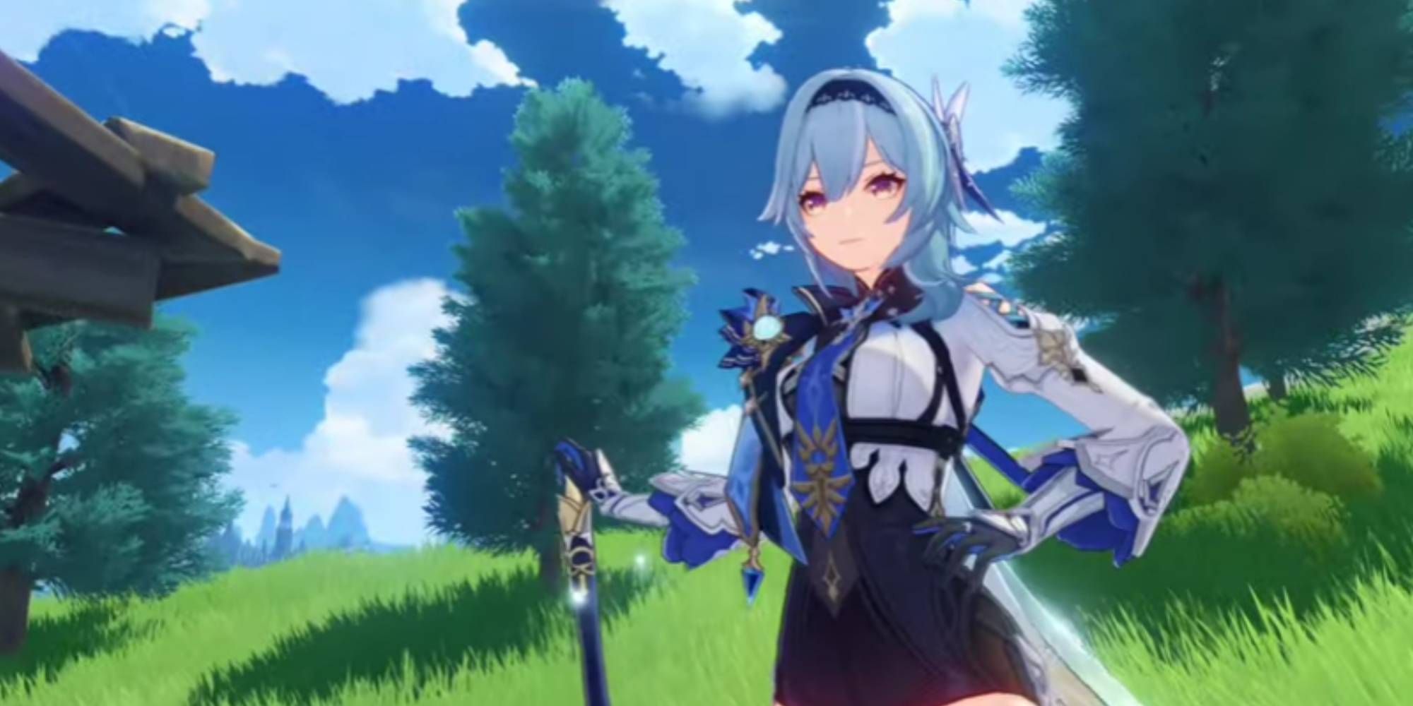 Eula holding her weapon with her hand on her hip in Genshin Impact