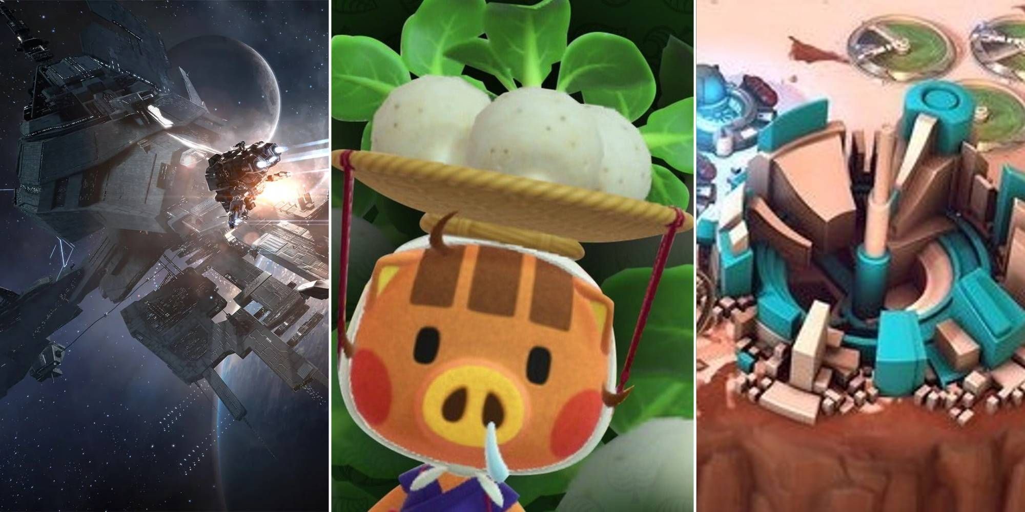 A ship flies towards a station in EVE Online, a sow carries turnips on her head in Animal Crossing, and a mine is finishing construction in Offworld Trading Company.