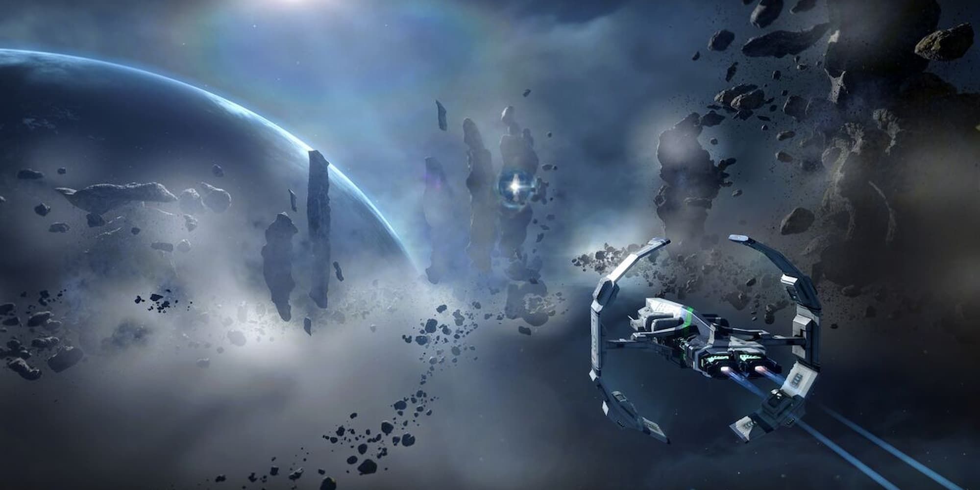 A ship flies through space debris in EVE Online.