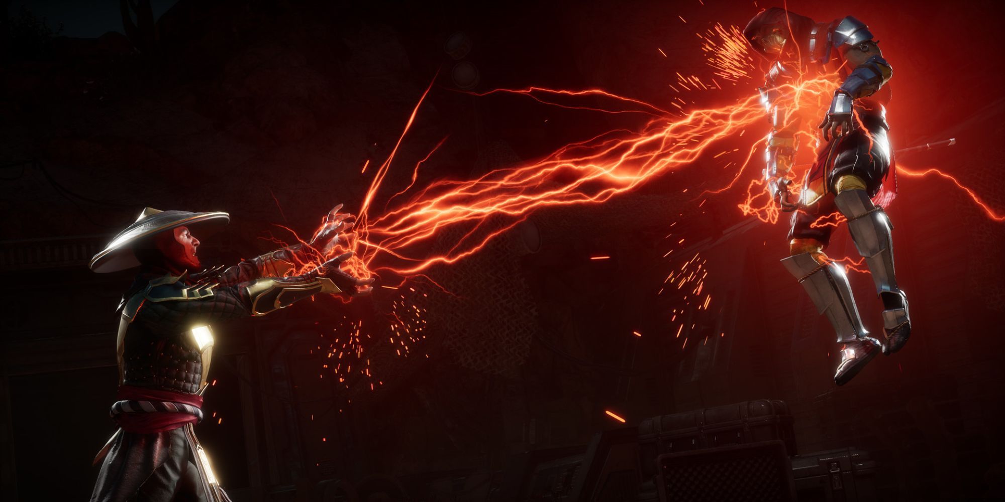 Evil Raiden using his red lightning supernatural powers to electrocute Scorpion
