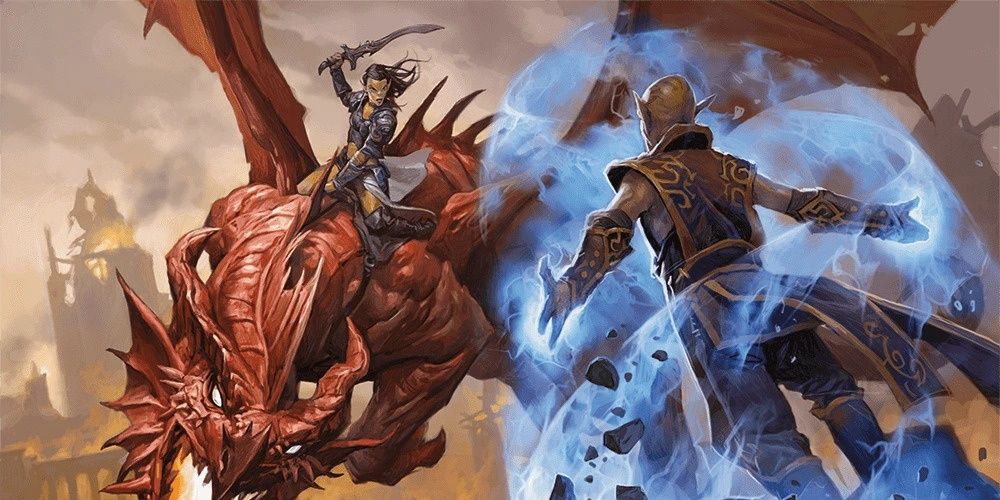a githyanki riding a red dragon charges at a githzerai surrounded by psionic energy