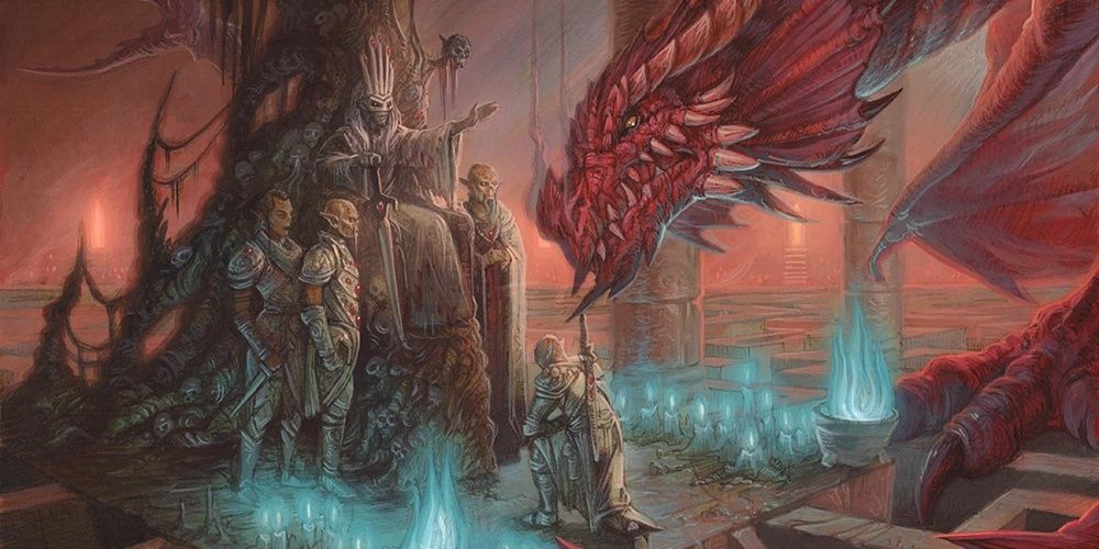 a githyanki lich surrounded by her gith warriors and a red dragon