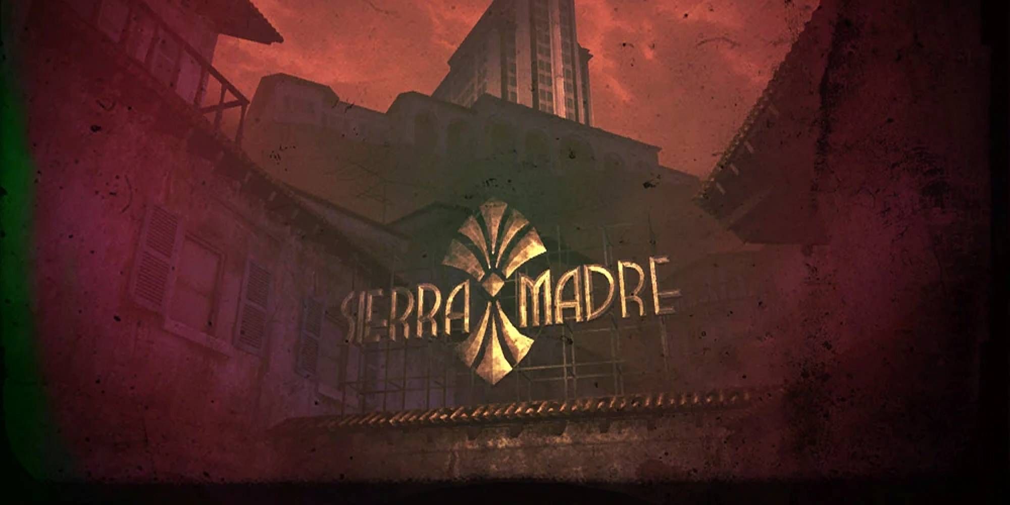 A casino covered in red mist with a gold sign reading Sierra Madre