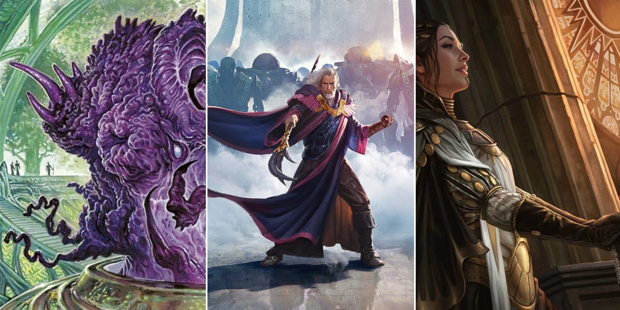 Artwork from three different legendary creatures from Magic: The Gathering's Commander Masters expansion