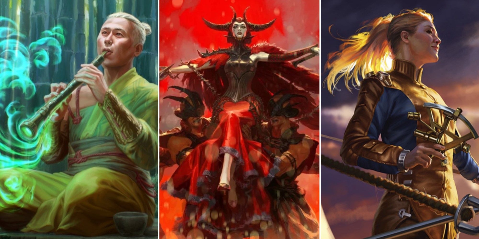 Artwork from three different multicolored cards from Magic: The Gathering's Commander Masters expansion