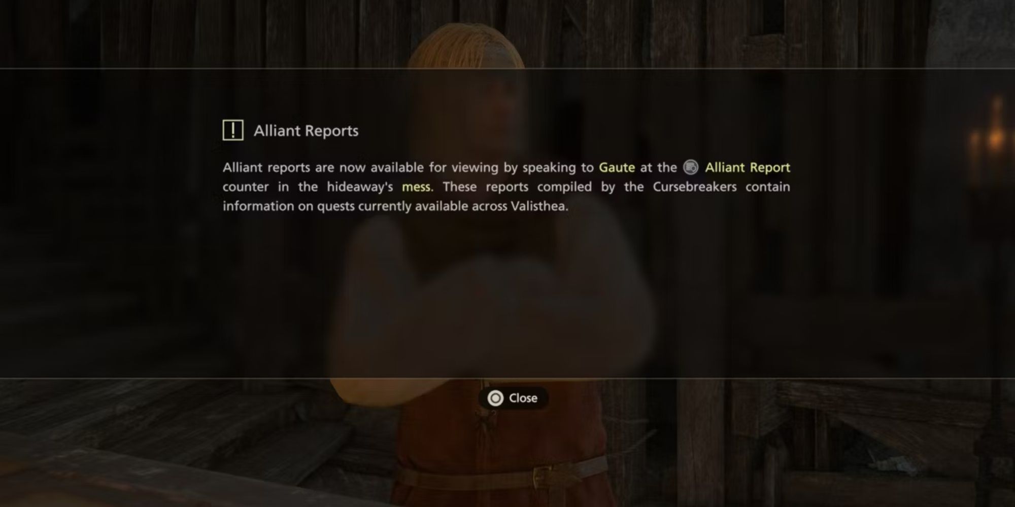 A message explaining Alliant Reports and how you can use them to get new Sub Quests by speaking to Gaute in Final Fantasy 16