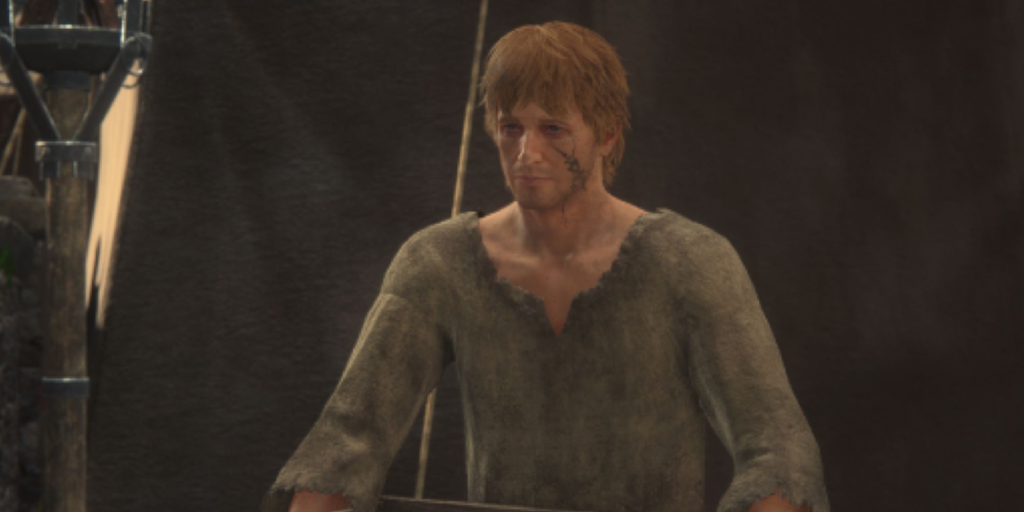 A Bearer holds a crate by a tent