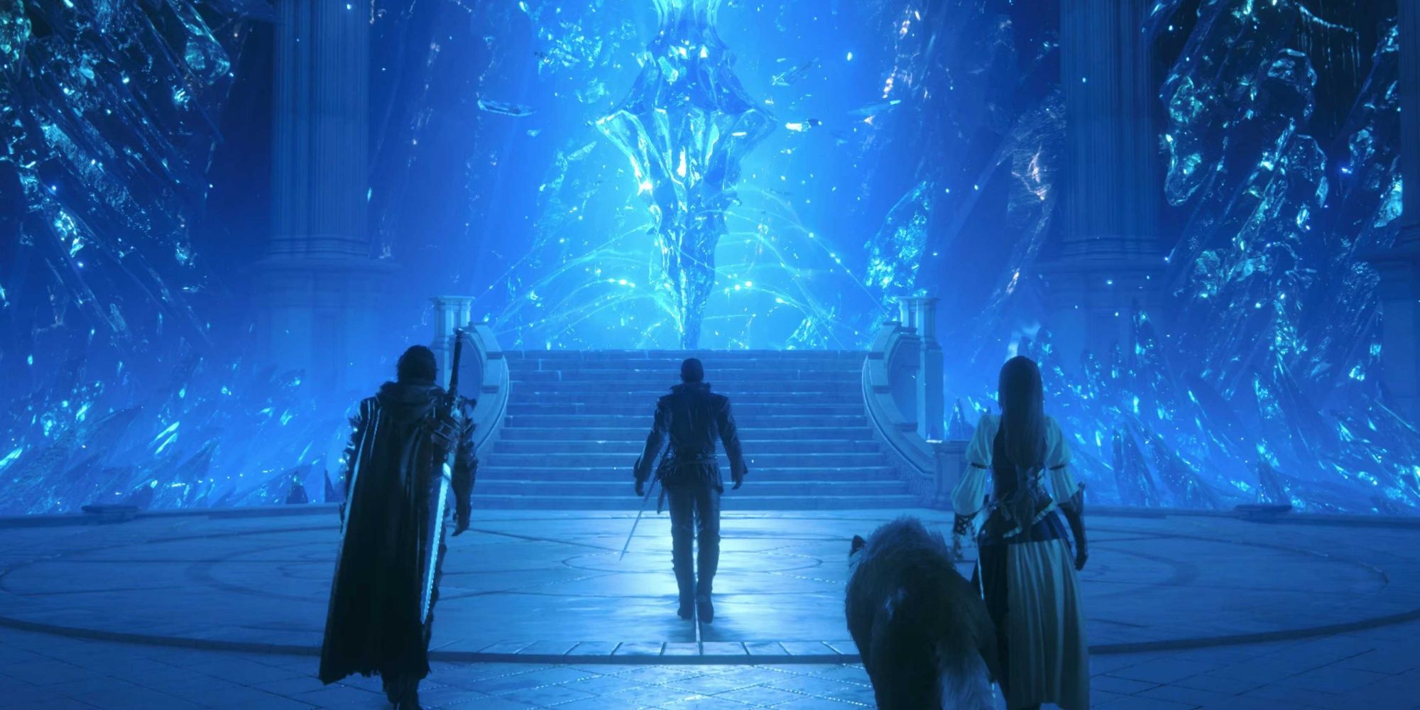 Final Fantasy 16 - Clive, Cid, Jill and Torgal approaching the Drake's Head crystal