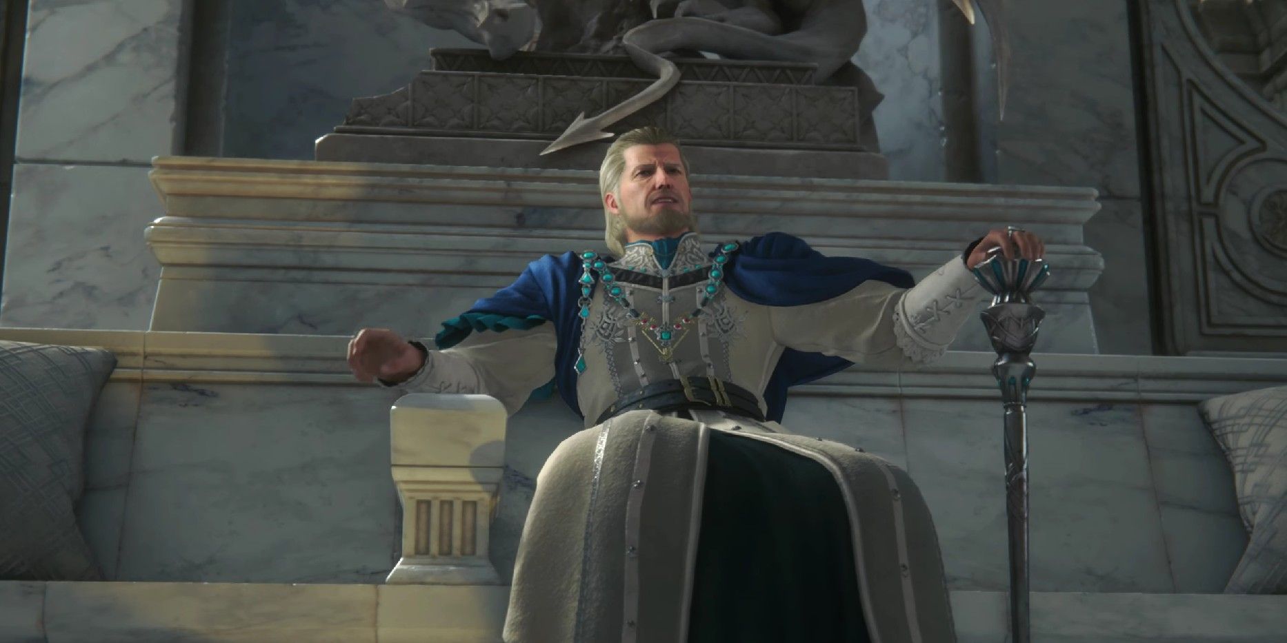 Final Fantasy 16 screenshot of Sylvestre Lesage seated on his throne