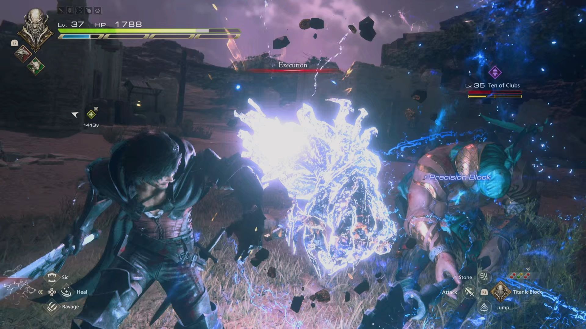 Final Fantasy 16,The Ten Of Clubs, Clive using his precision block to disrupt the Ten Of Clubs