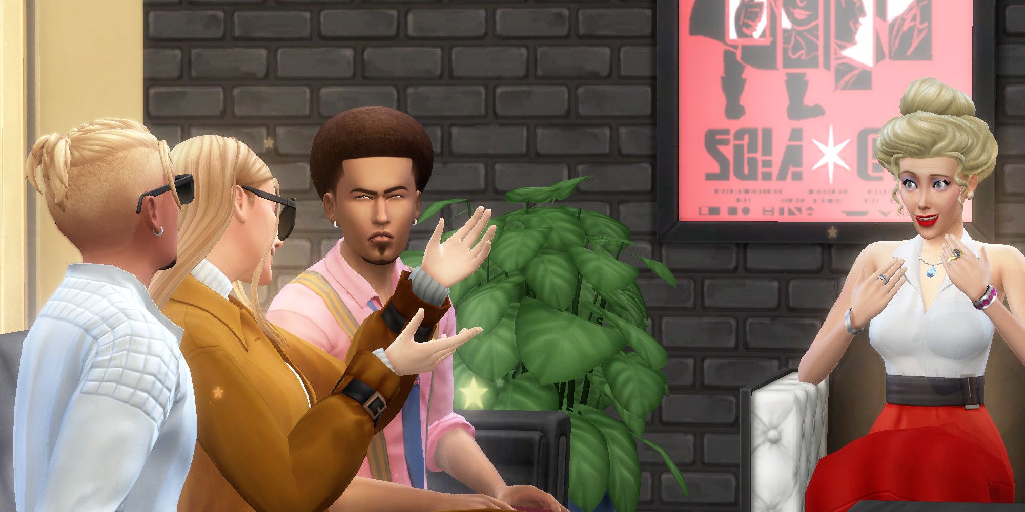 Four celebrity Sims from The Sims 4 sit and talk on a couch