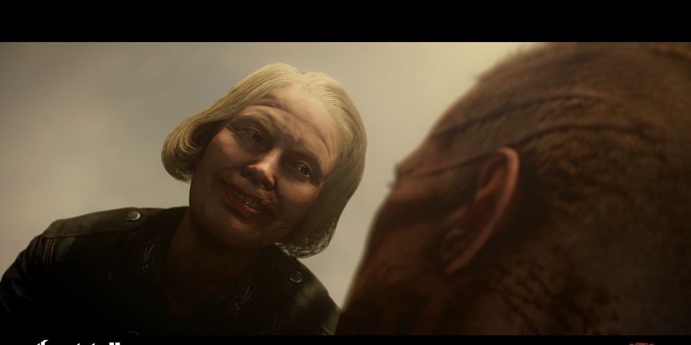 Frau Engel standing over a bloodied BJ