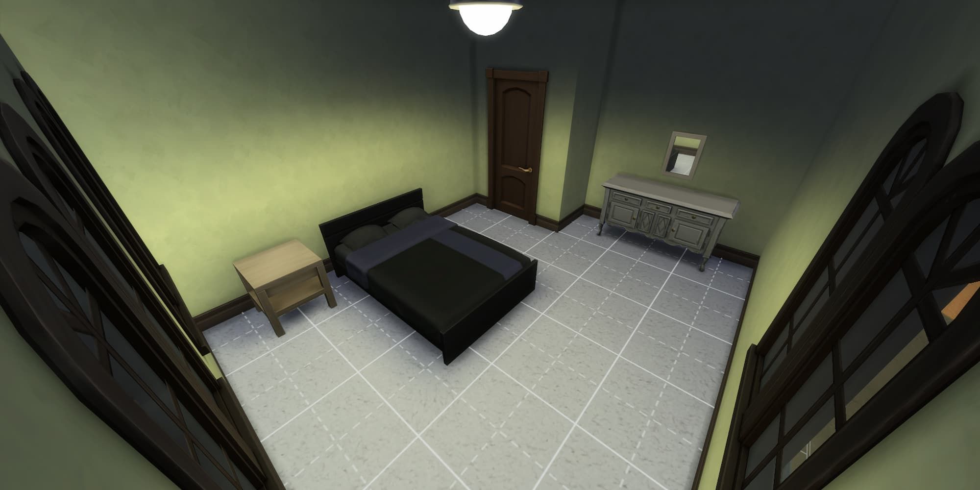 A simple bedroom is shown in The Sims 4, viewed with the Free Camera in Build Mode due to the free July update.