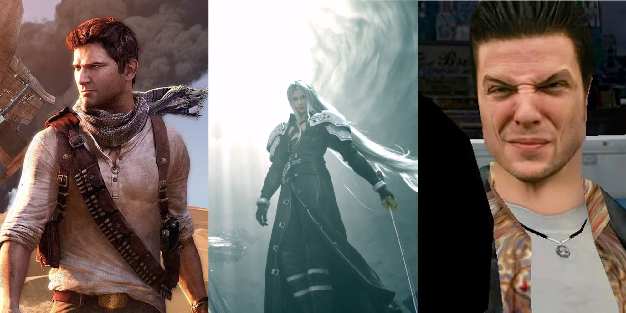 Nathan Drake in front of a wreck, Sephiroth by shimmering light, and Max Payne