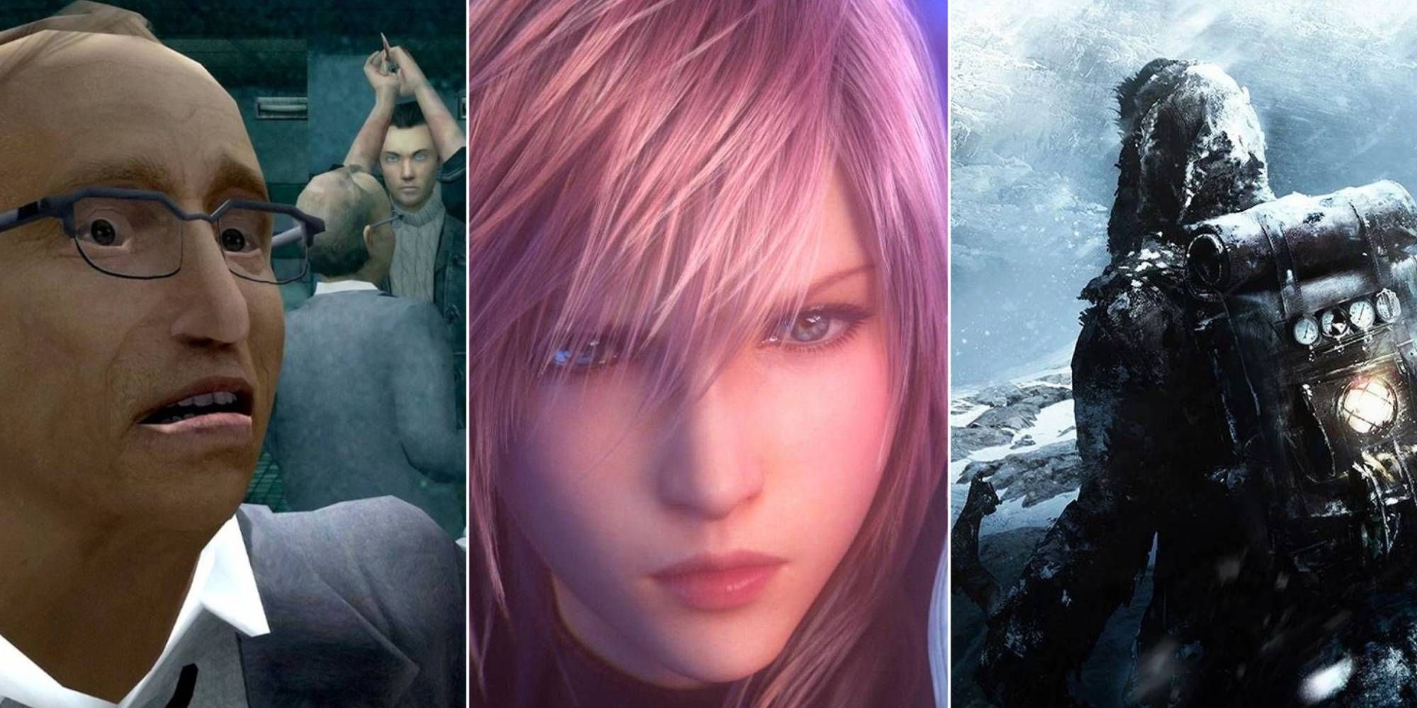 A collage of images featuring a terrified man, Lightning and a figure in a snowy environment