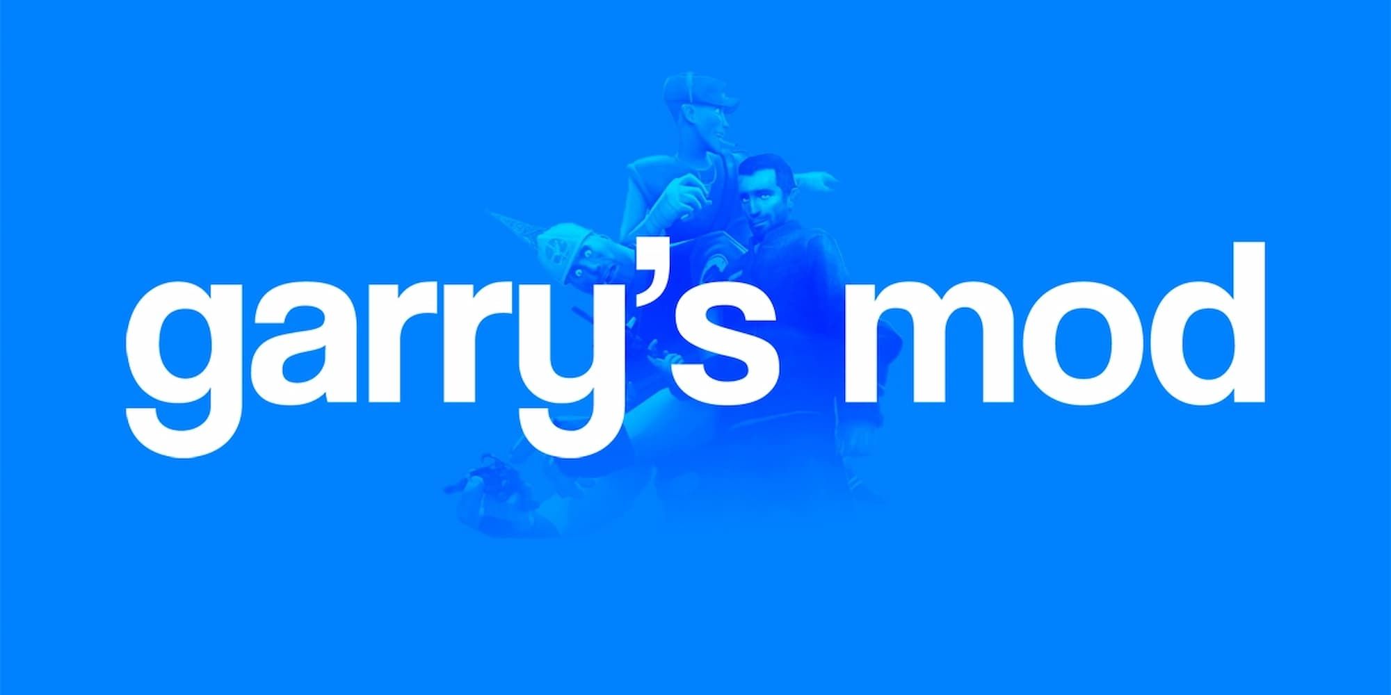The blue background and white text of Garry's Mod shows with several characters from Valve's history.