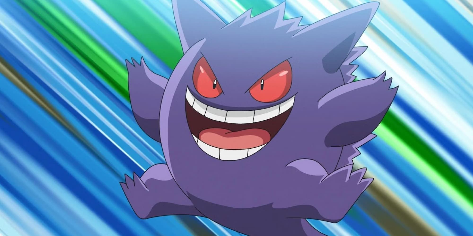 Gengar leaps into a Pokemon battle with a devious smile on its face.