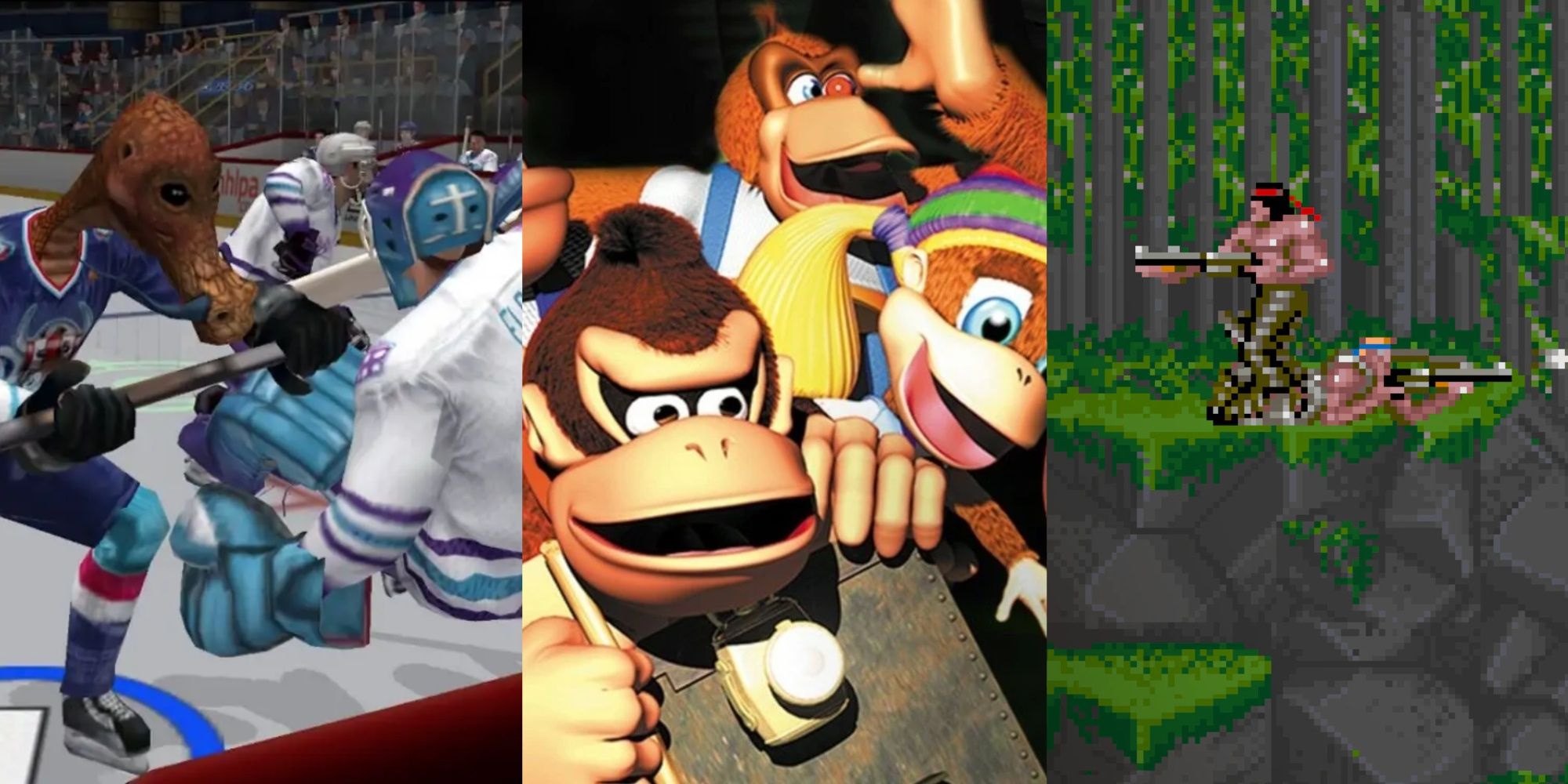 Collage of NHL Hitz check, Donkey Kong characters, and Contra characters in a jungle.