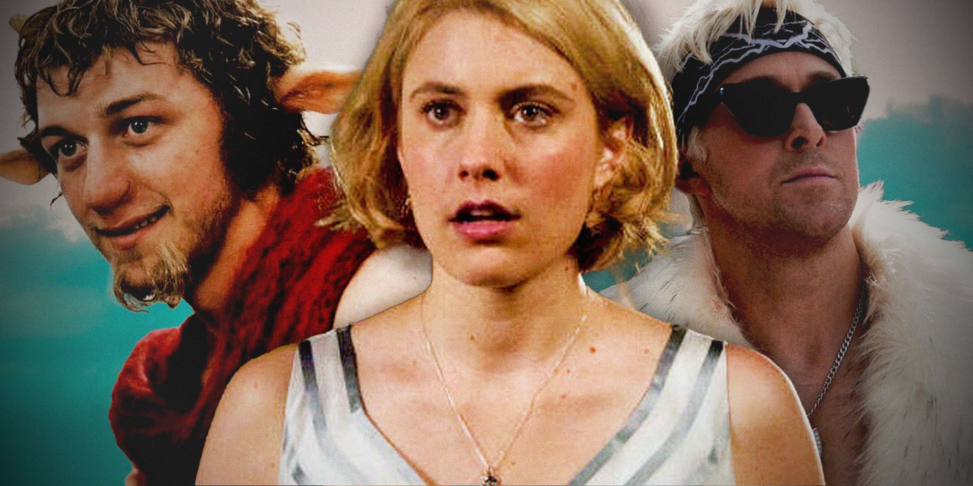 Greta Gerwig, with Mr. Tumnus from Narnia and Ken from Barbie on either side