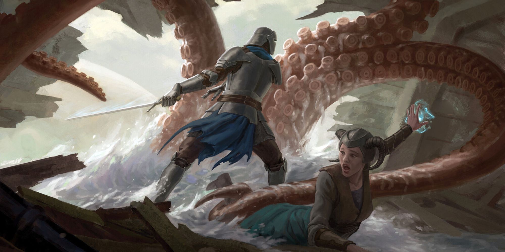 Giant Octopus by Sam Keiser fight in plate armor and sorcerer fighting of a giant octopus while water rushes in