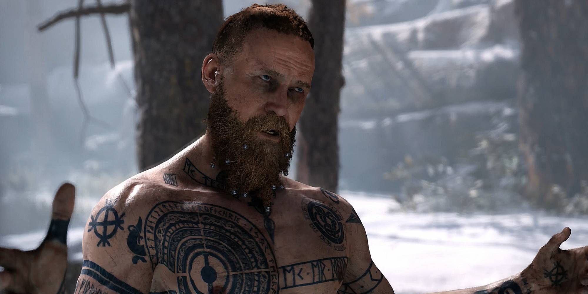 A tattooed and shirtless scraggly figure standing in the snow