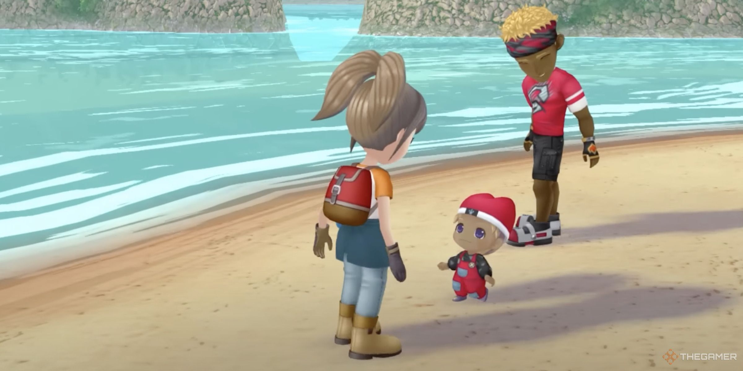 Protagonist with Gordy and child on the beach in SoS: A Wonderful Life.