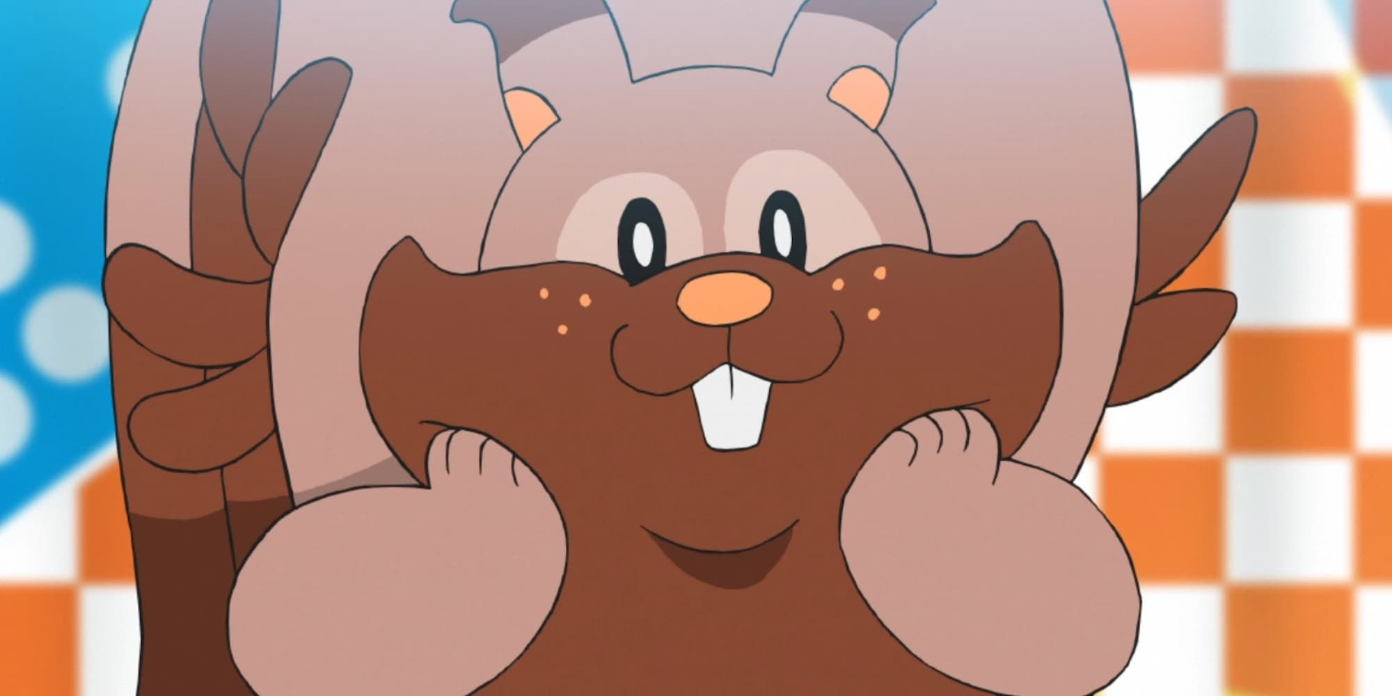 Greedent smiles and pushes on its cheeks with its hands in Pokemon.