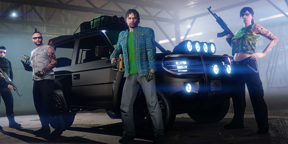 GTA Online team in front of a four wheel